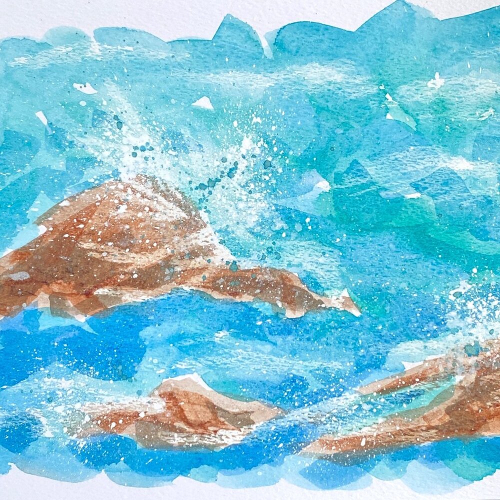 Beach Splash Original Seascape Watercolor Painting Matted Frame Ready 8x10in Mat